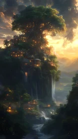 Skyroot citadel of lantern-lit homes and silver falls.