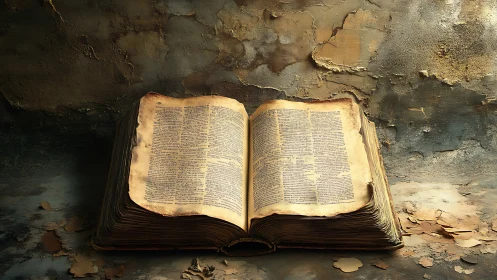 Ancient grimoire breathing dust and secrets in twilight glow.