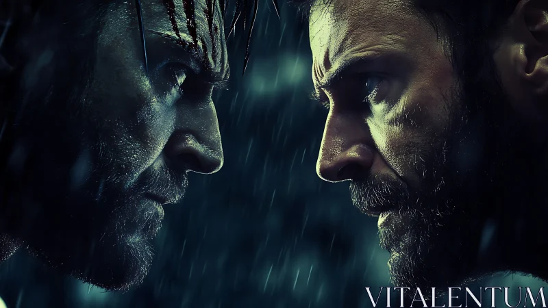 Two Bearded Men Face Off in Rain. Dramatic Confrontation.