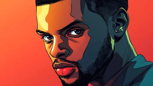 Bold portrait in glowing sunset tones and graphic shadows.