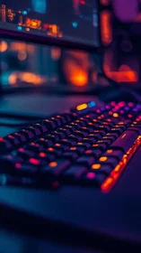 RGB mechanical gaming keyboard in neon bokeh desktop setup