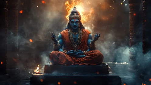 Blue-skinned deity meditating amid fire and smoke.