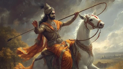 Stormbound warrior prince astride a rearing celestial steed.