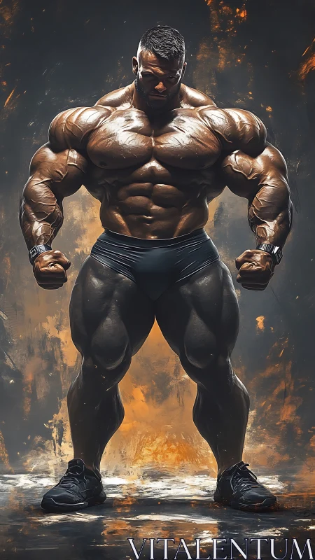 Titan of steel sinew stands inside smoldering painted storm