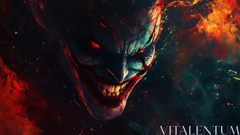 Digital painting of infernal grinning visage in chaotic flames.
