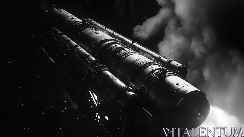 Star-forged engine glides through charcoal nebula hush