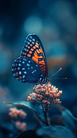 Midnight monarch pauses on ember-bright blossom throne.