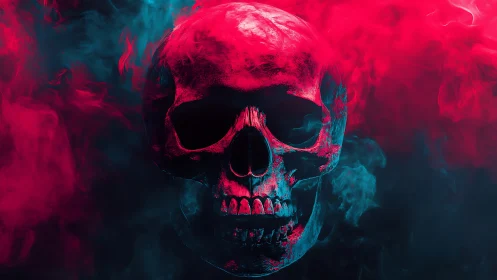Luminous skull drifting through neon magenta and cyan vapor.