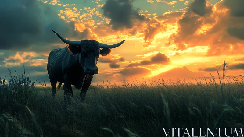 Long-horned bovine standing in tall grass at sunset.