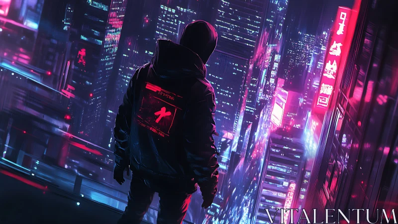 Hooded cyber-operator surveying neon-dense megacity skyline.