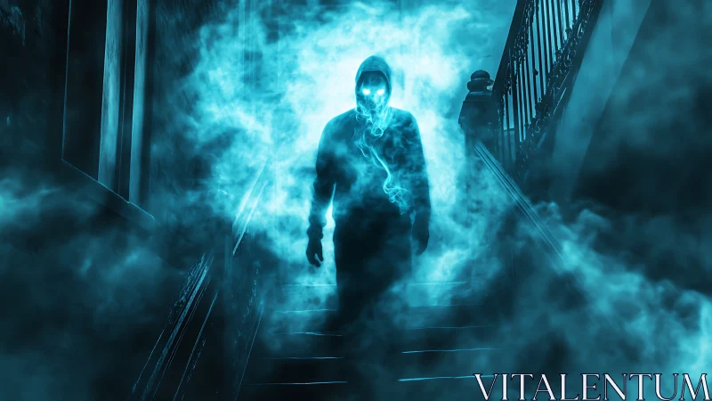 Spectral hooded figure descends staircase in cyan volumetric fog