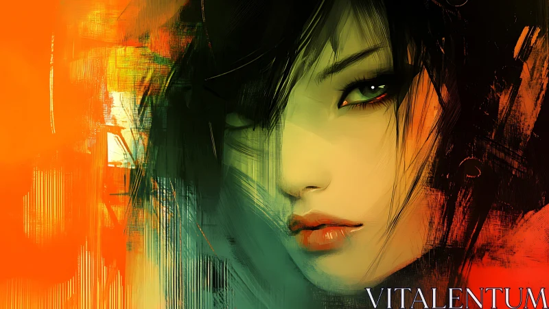 Mysterious painted gaze glowing in bold firelit colors.