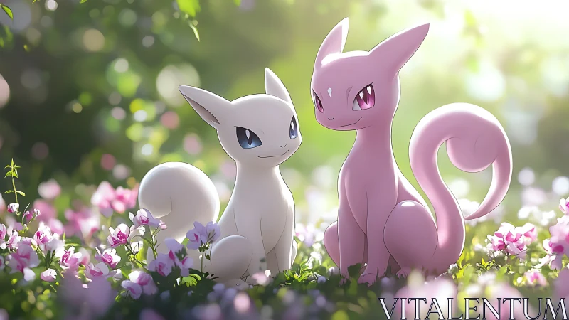 Two pastel catlike creatures sit in glowing flower meadow