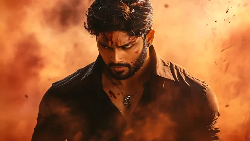 Blood-streaked fighter emerges through dense orange dust cloud