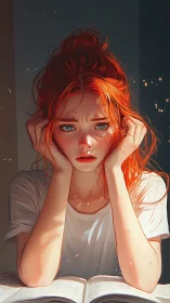 Digital portrait shows red-haired reader seated at open book