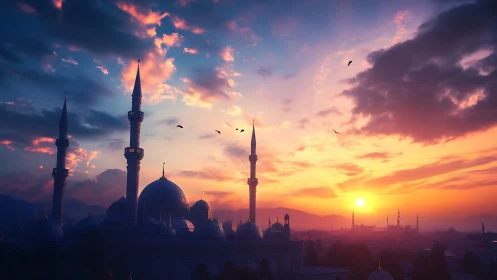 Mosque silhouette with minarets under colorful sunset sky.