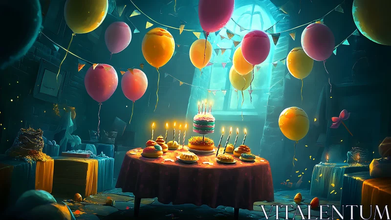 Underground Birthday Party Scene with Floating Balloons.
