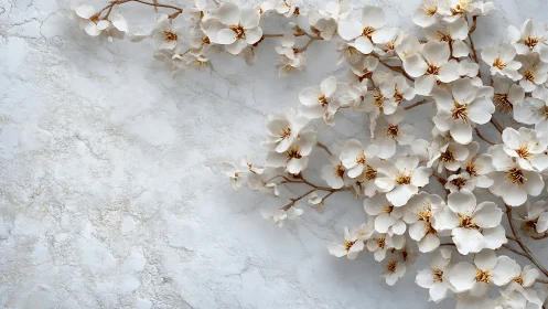 White blossoms on textured pale stone surface extend rightward