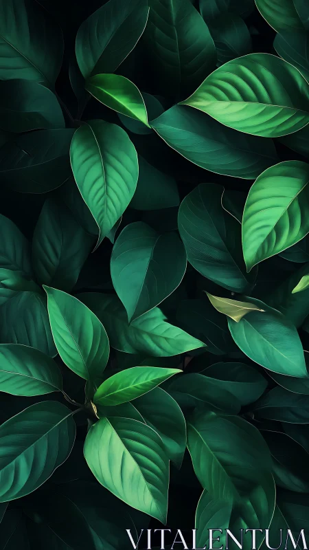 Dark green tropical leaves close-up in layered pattern.