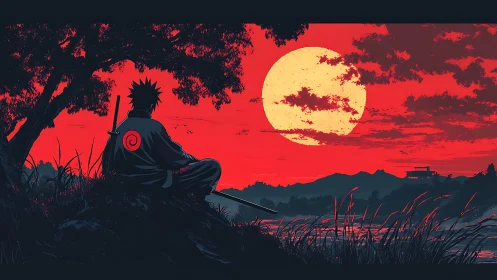 Solitary swordsman watches colossal moon over crimson sky