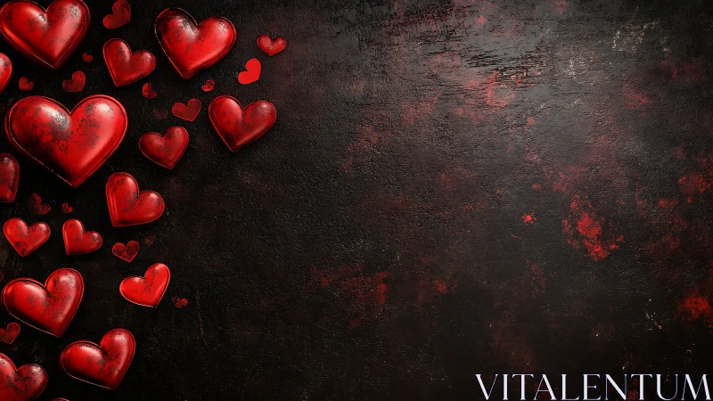 Red hearts arranged against dark textured surface background.