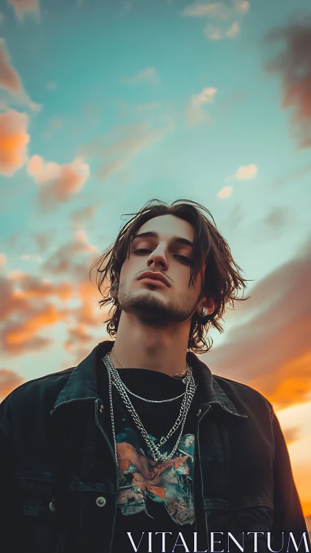 Young man stands beneath vivid sunset sky in low angle portrait