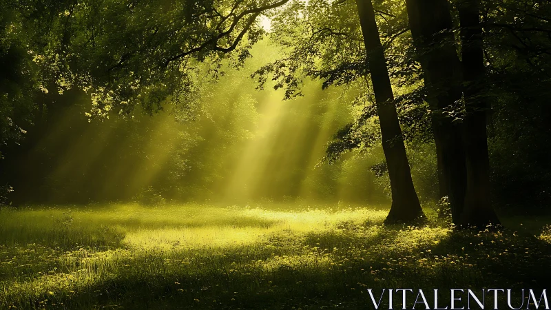 Sunbeams Filtering Through Forest Trees in Serene Morning Light.