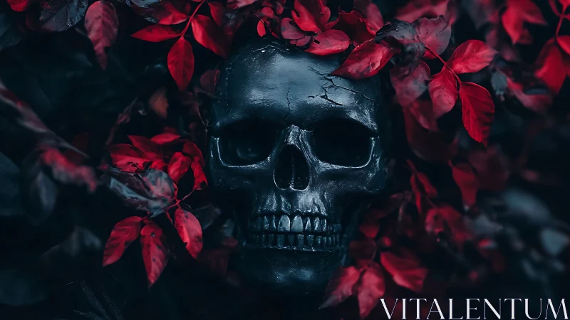 Black skull rests among crimson leaves in moody shadow.