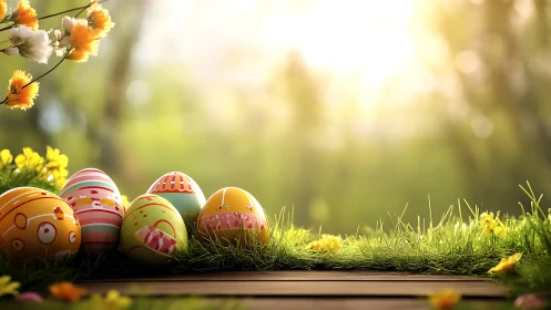 Colorful Easter eggs on spring grass in soft morning light.