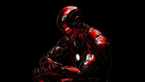 Brooding red armored cyborg in high-contrast digital glow.
