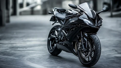 Photorealistic black superbike in urban shallow-depth portrait.