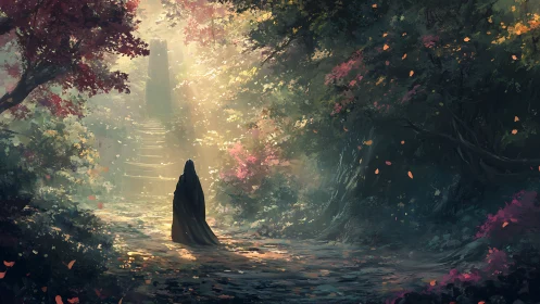 Cloaked wanderer ascends a sunlit, enchanted forest path.