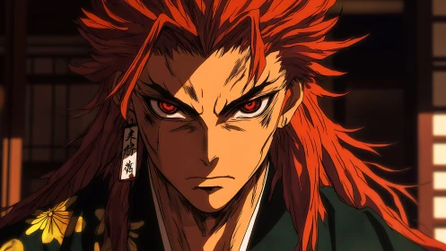 Intense anime warrior portrait with dynamic chiaroscuro lighting.