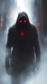 Hooded cyber-noir figure advances through fog in backlit alley