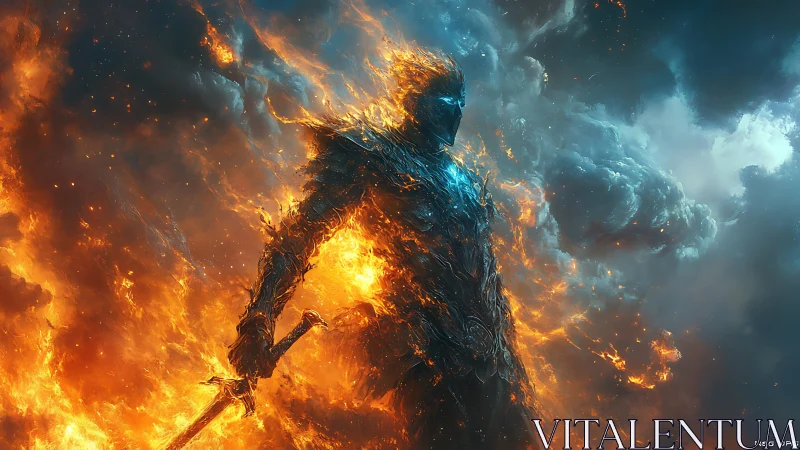 Infernal knight emerging through stormlit cosmic flames.