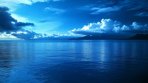 Deep blue ocean horizon under dramatic storm clouds.