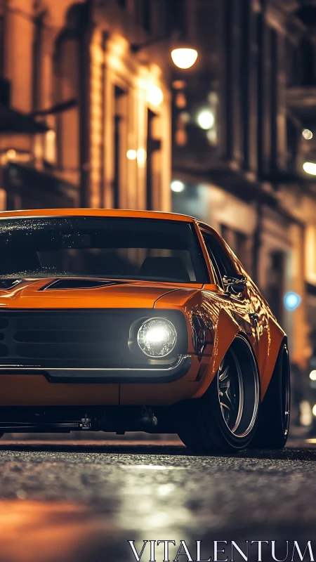 Orange classic muscle car parked on wet night city street.