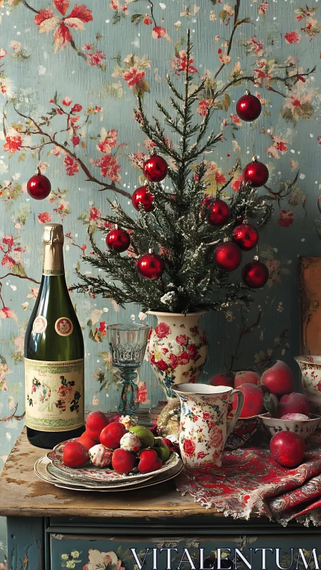 Festive table still life with decorated tree and red fruit.