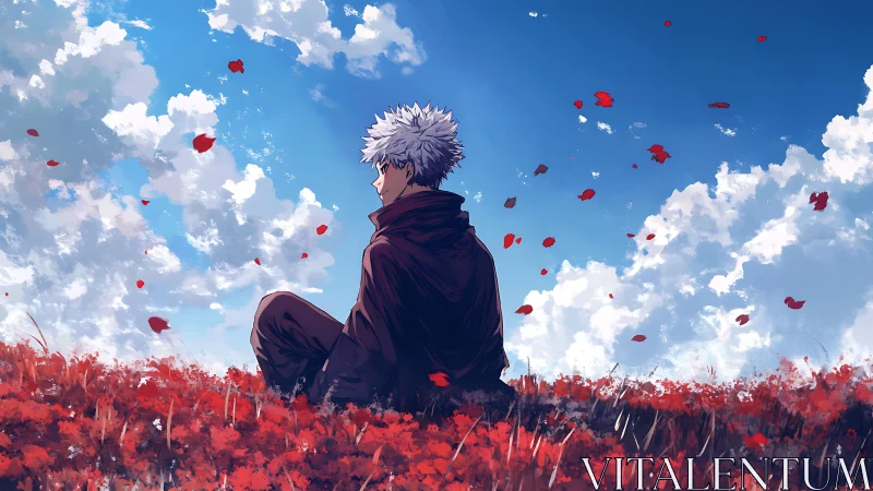 White haired figure seated in red field under sky.