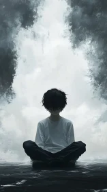 Solitary boy sits in shadowed mist, lost in quiet reflection