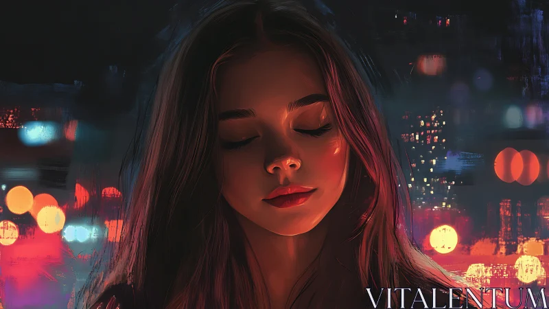 Cinematic neon-lit digital portrait of woman with closed eyes
