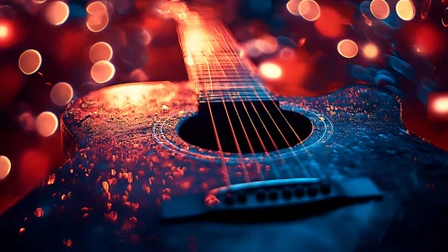 Electric bokeh over wet acoustic guitar in neon concert glow.