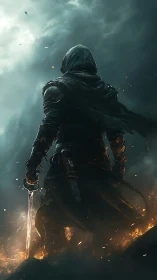 Hooded wanderer holding lightborn blade in stormfire dusk.