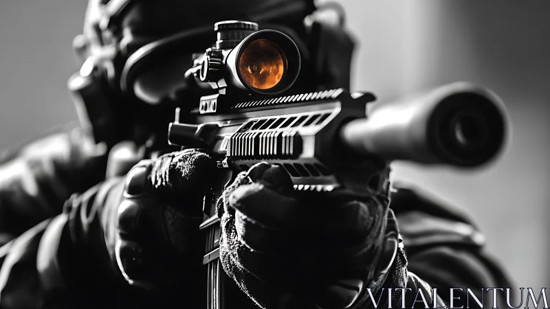 Tactical marksman aiming through illuminated rifle scope.