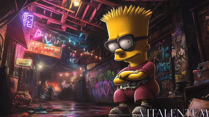 Stylized cartoon boy in neon graffiti alley with cinematic lighting