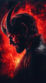 Demonic horned male profile rendered in fiery red light