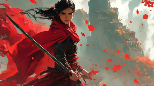 Crimson-clad swordswoman amid wind-torn mountain pass panorama.