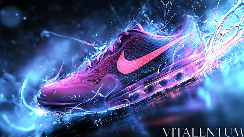 Rendered athletic shoe floats amid dynamic liquid splashes