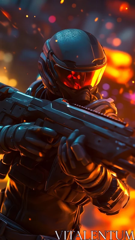 Armored sci fi soldier aiming rifle in fiery combat scene.