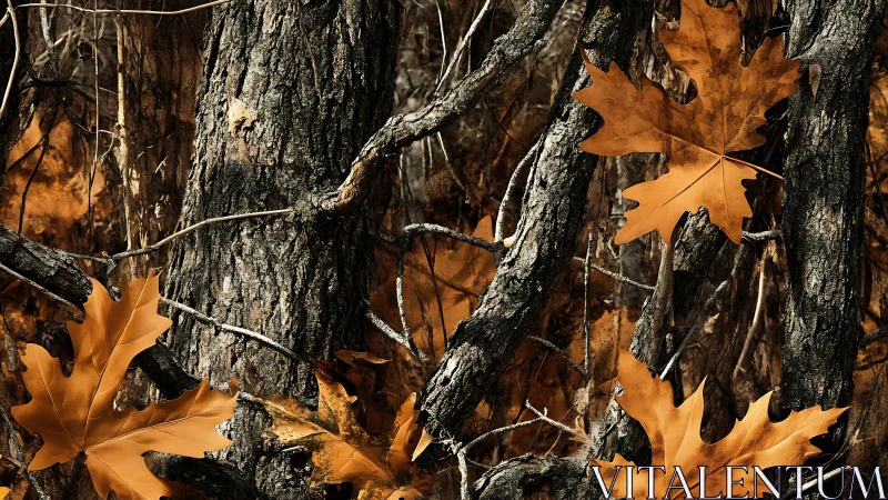 Golden autumn leaves resting against rugged woodland bark.